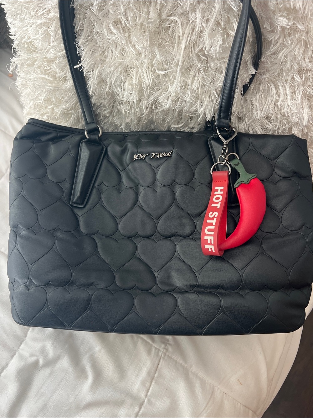Betsey Johnson Black Quilted Heart Tote with Red Chili Charm
